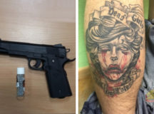 Изъятый пистолет и татуировка задержанного. © Фото - ГУБОПиК МВД Беларуси